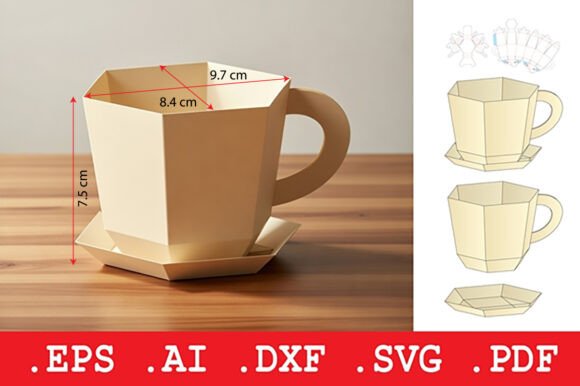 Geometric Hexagonal Coffee Cup Template: 3D SVG Objects