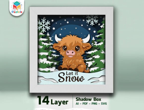 Highland Cow Shadow Box 3D SVG for Winter Crafting